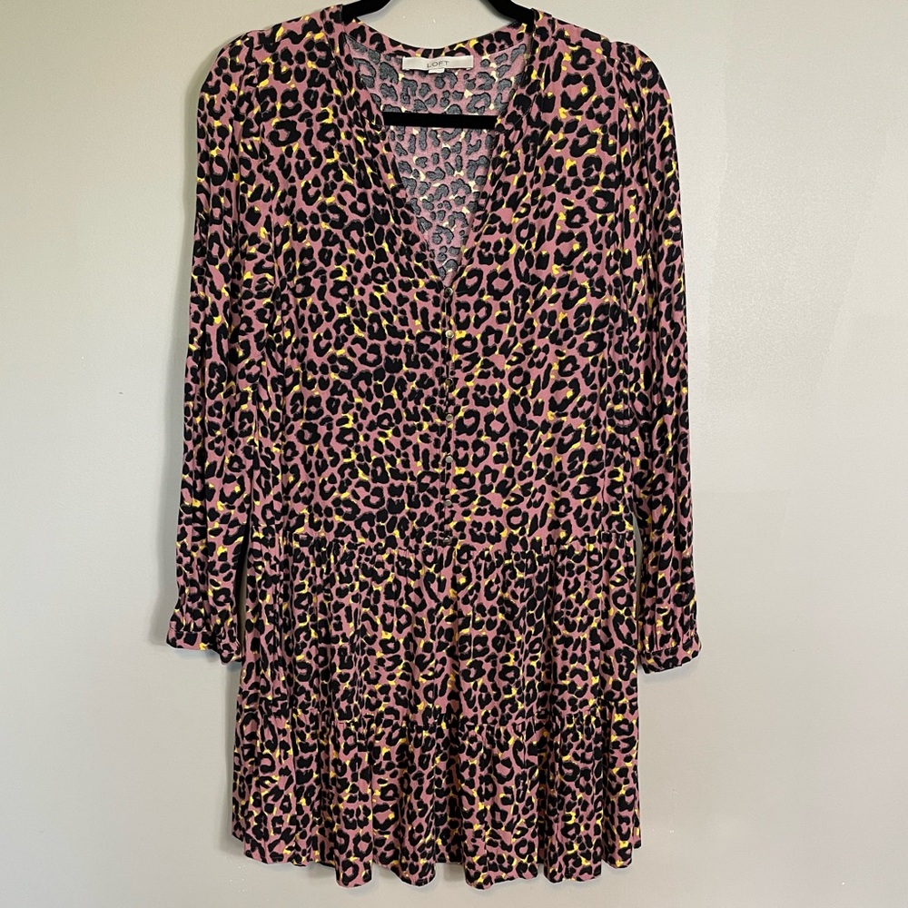 LOFT Tiered Midi Long Sleeve Dress Size Small Pink Leopard V Neck